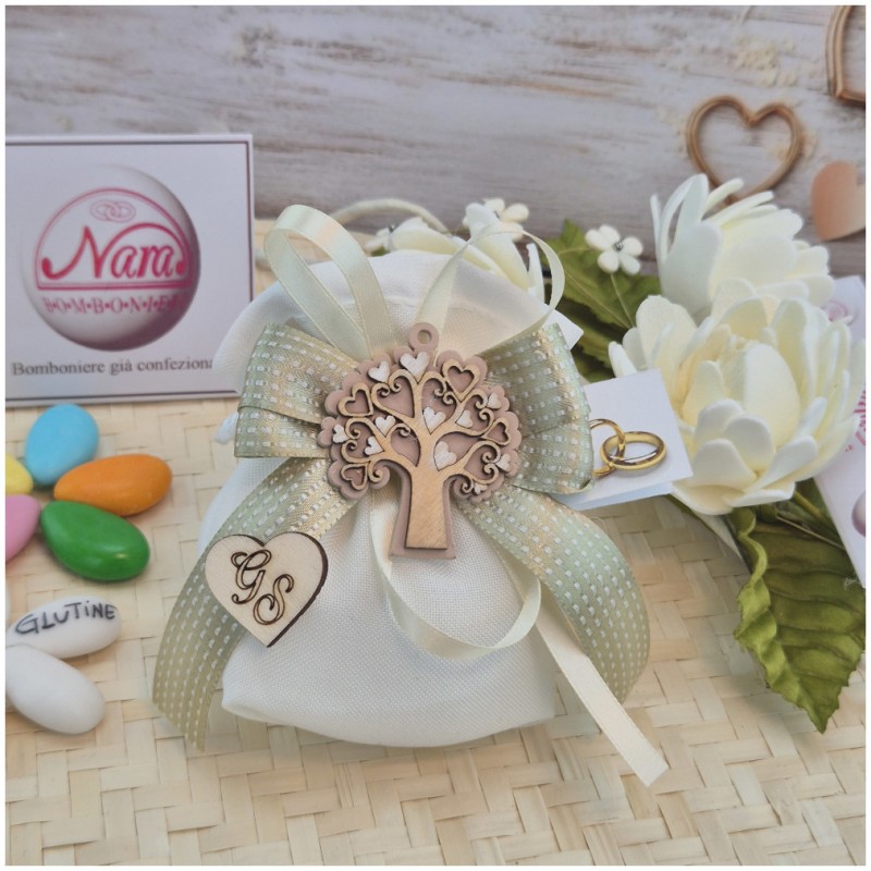 Bomboniera Matrimonio Sacchetto Country Chic Albero della Vita Legno e Nastro Salvia a Pois