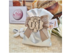 Bomboniera Prima Comunione Sacchetto "Tortora Chic" con Nastro a Pois e Calice in Legno