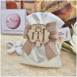Bomboniera Prima Comunione Sacchetto "Tortora Chic" con Nastro a Pois e Calice in Legno