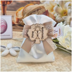 Bomboniera Prima Comunione Sacchetto "Tortora Chic" con Nastro a Pois e Calice in Legno