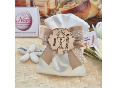 Bomboniera Prima Comunione Sacchetto "Tortora Chic" con Nastro a Pois e Calice in Legno