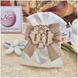 Bomboniera Prima Comunione Sacchetto "Tortora Chic" con Nastro a Pois e Calice in Legno
