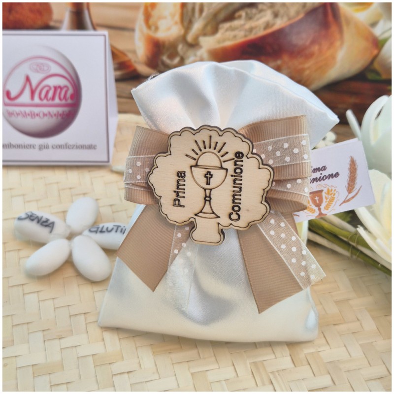 Bomboniera Prima Comunione Sacchetto "Tortora Chic" con Nastro a Pois e Calice in Legno