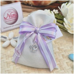 Bomboniera Comunione e Battesimo Sacchetto "Principessa" con Corona Strass e Nastro Rigato