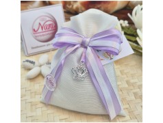 Bomboniera Comunione e Battesimo Sacchetto "Principessa" con Corona Strass e Nastro Rigato