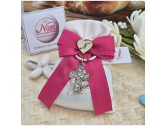 Bomboniera Comunione e Cresima Portachiavi Croce Strass su Sacchetto Spighe Oro e Nastro Fucsia