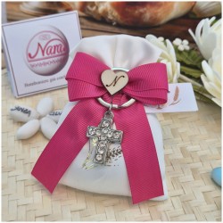 Bomboniera Comunione e Cresima Portachiavi Croce Strass su Sacchetto Spighe Oro e Nastro Fucsia