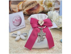 Bomboniera Comunione e Cresima Portachiavi Croce Strass su Sacchetto Spighe Oro e Nastro Fucsia