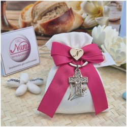 Bomboniera Comunione e Cresima Portachiavi Croce Strass su Sacchetto Spighe Oro e Nastro Fucsia