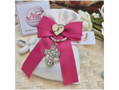 Bomboniera Comunione e Cresima Portachiavi Croce Strass su Sacchetto Spighe Oro e Nastro Fucsia