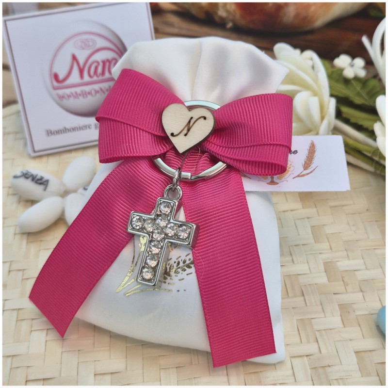 Bomboniera Comunione e Cresima Portachiavi Croce Strass su Sacchetto Spighe Oro e Nastro Fucsia
