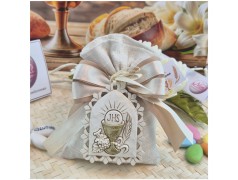 Bomboniera Prima Comunione Sacchetto Lino Sabbia con Grande Icona Calice JHS