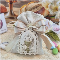Bomboniera Prima Comunione Sacchetto Lino Sabbia con Grande Icona Calice JHS