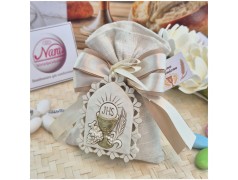 Bomboniera Prima Comunione Sacchetto Lino Sabbia con Grande Icona Calice JHS