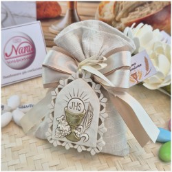 Bomboniera Prima Comunione Sacchetto Lino Sabbia con Grande Icona Calice JHS