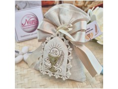 Bomboniera Prima Comunione Sacchetto Lino Sabbia con Grande Icona Calice JHS