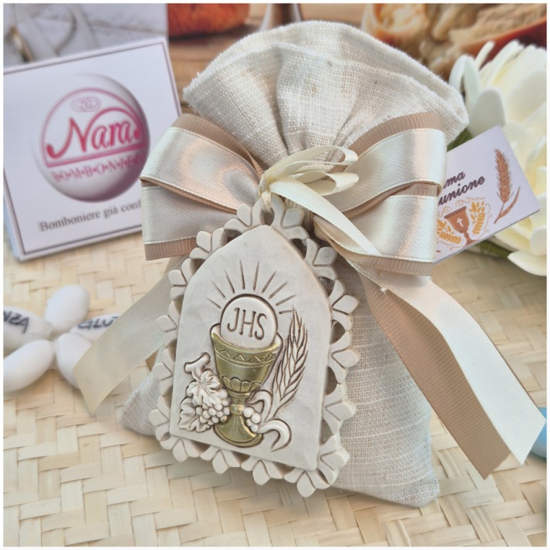 Bomboniera Prima Comunione Sacchetto Lino Sabbia con Grande Icona Calice JHS
