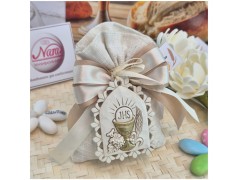 Bomboniera Prima Comunione Sacchetto Lino Sabbia con Grande Icona Calice JHS