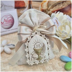 Bomboniera Prima Comunione Sacchetto Lino Sabbia con Grande Icona Calice JHS