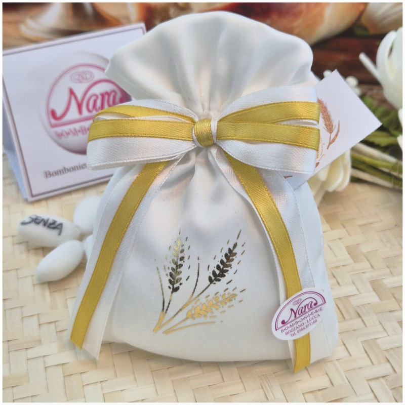 Bomboniera Prima Comunione Sacchetto "Gold" con Spighe Stampate e Nastro Bordo Oro