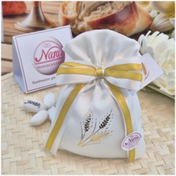 Bomboniera Prima Comunione Sacchetto "Gold" con Spighe Stampate e Nastro Bordo Oro