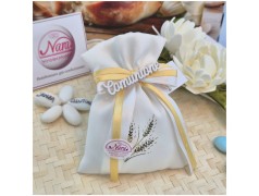 Bomboniera Prima Comunione Sacchetto Spighe Oro con Scritta Calligrafica in Legno