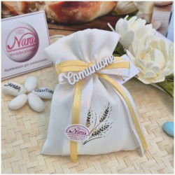 Bomboniera Prima Comunione Sacchetto Spighe Oro con Scritta Calligrafica in Legno
