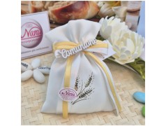 Bomboniera Prima Comunione Sacchetto Spighe Oro con Scritta Calligrafica in Legno