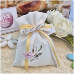 Bomboniera Prima Comunione Sacchetto Spighe Oro con Scritta Calligrafica in Legno