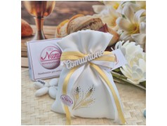 Bomboniera Prima Comunione Sacchetto Spighe Oro con Scritta Calligrafica in Legno