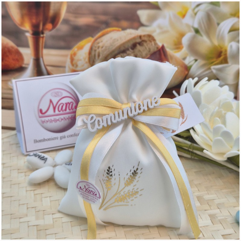 Bomboniera Prima Comunione Sacchetto Spighe Oro con Scritta Calligrafica in Legno