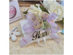 Bomboniera Comunione e Cresima Cuscino con Rose Sfumate Lilla e Nome Specchiato Oro