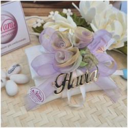 Bomboniera Comunione e Cresima Cuscino con Rose Sfumate Lilla e Nome Specchiato Oro
