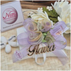 Bomboniera Comunione e Cresima Cuscino con Rose Sfumate Lilla e Nome Specchiato Oro