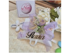 Bomboniera Comunione e Cresima Cuscino con Rose Sfumate Lilla e Nome Specchiato Oro