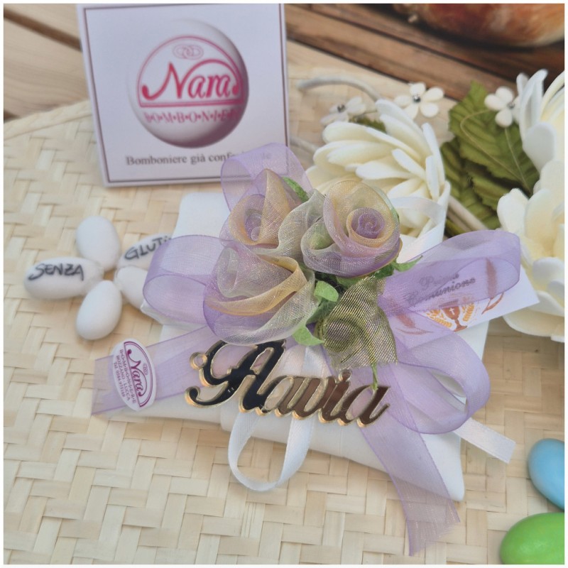 Bomboniera Comunione e Cresima Cuscino con Rose Sfumate Lilla e Nome Specchiato Oro