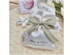 Bomboniera Matrimonio Sacchetto Raso con Stampa Nomi e Data e Nastro Verde Salvia