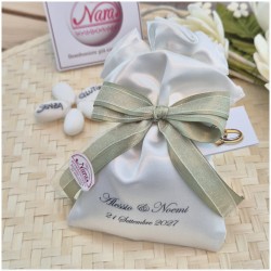 Bomboniera Matrimonio Sacchetto Raso con Stampa Nomi e Data e Nastro Verde Salvia