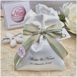 Bomboniera Matrimonio Sacchetto Raso con Stampa Nomi e Data e Nastro Verde Salvia