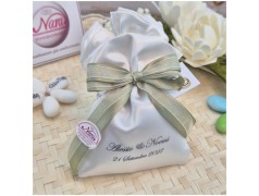 Bomboniera Matrimonio Sacchetto Raso con Stampa Nomi e Data e Nastro Verde Salvia