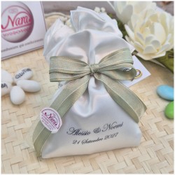 Bomboniera Matrimonio Sacchetto Raso con Stampa Nomi e Data e Nastro Verde Salvia