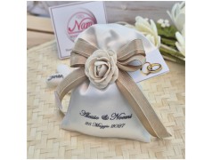 Bomboniera Matrimonio Sacchetto Raso con Stampa Nomi, Rosa Panna e Nastro Sabbia