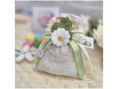 Bomboniera Matrimonio Sacchetto Lino Nature con Margherita e Foglie Eucalipto