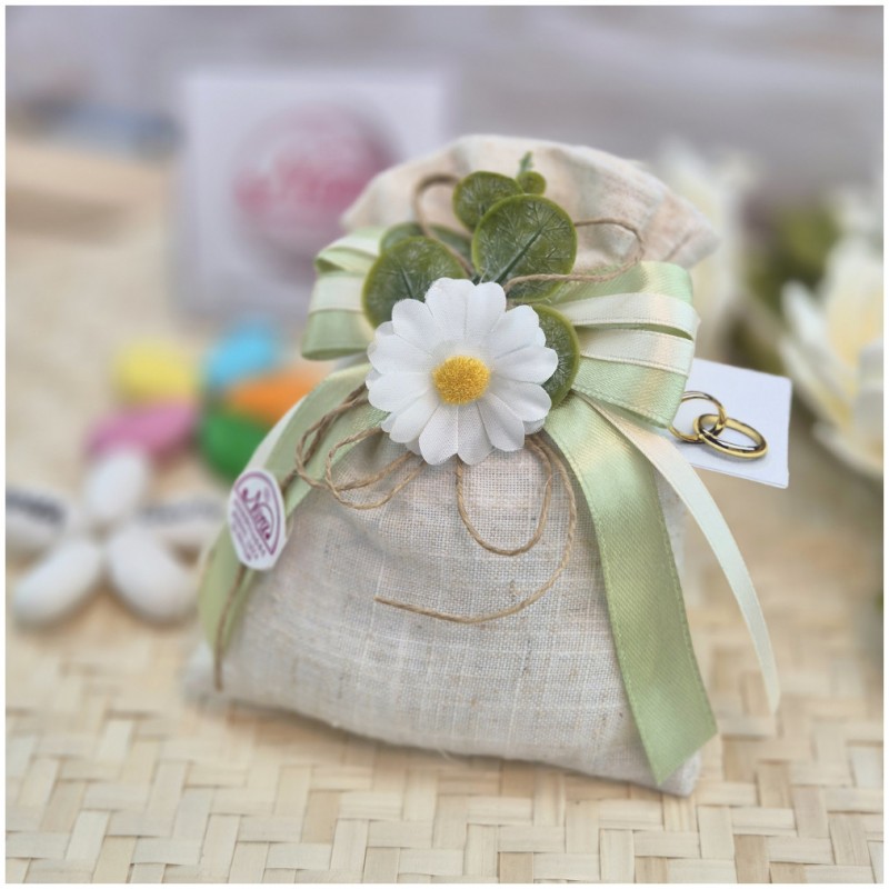 Bomboniera Matrimonio Sacchetto Lino Nature con Margherita e Foglie Eucalipto