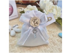 Bomboniera Matrimonio e 18 Anni Sacchetto Raso e Pizzo con Chiave Cuore Strass e Iniziali