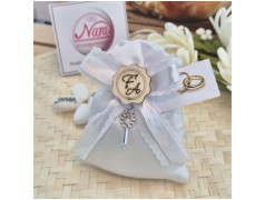 Bomboniera Matrimonio e 18 Anni Sacchetto Raso e Pizzo con Chiave Cuore Strass e Iniziali