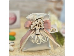 Bomboniera Matrimonio e Comunione Sacchetto Raso Albero della Vita magnete e Nastro Rosa Antico