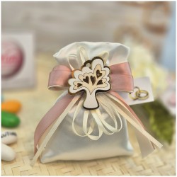 Bomboniera Matrimonio e Comunione Sacchetto Raso Albero della Vita magnete e Nastro Rosa Antico