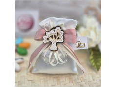 Bomboniera Matrimonio e Comunione Sacchetto Raso Albero della Vita magnete e Nastro Rosa Antico