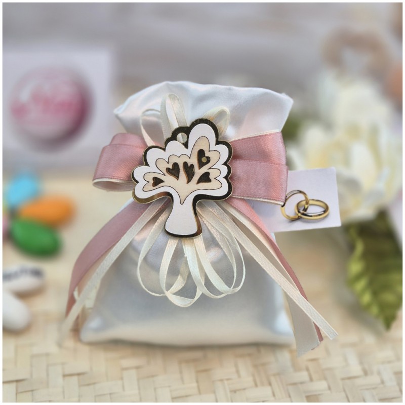 Bomboniera Matrimonio e Comunione Sacchetto Raso Albero della Vita magnete e Nastro Rosa Antico